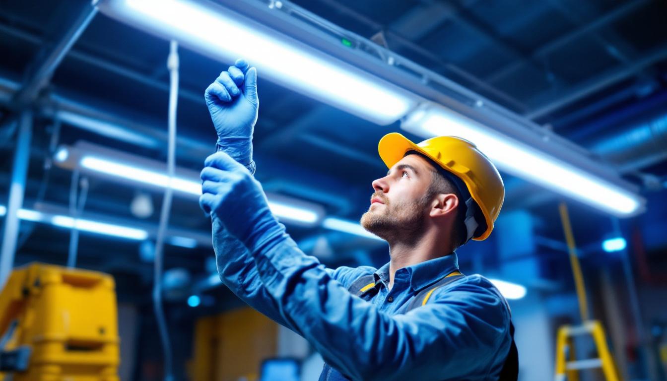 A photograph of a lighting contractor in action