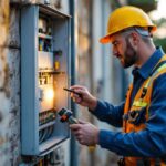 A photograph of a skilled lighting contractor inspecting an outdoor power box