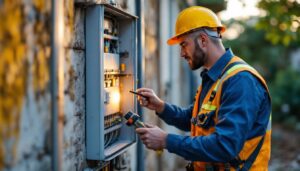 A photograph of a skilled lighting contractor inspecting an outdoor power box