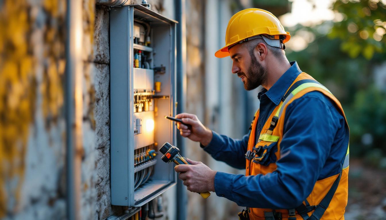 A photograph of a skilled lighting contractor inspecting an outdoor power box