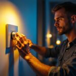 A photograph of a skilled lighting contractor adjusting a stylish dimmer switch in a beautifully lit room