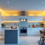 A photograph of a beautifully designed kitchen featuring well-placed recessed lighting that highlights key areas such as countertops