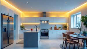 A photograph of a beautifully designed kitchen featuring well-placed recessed lighting that highlights key areas such as countertops