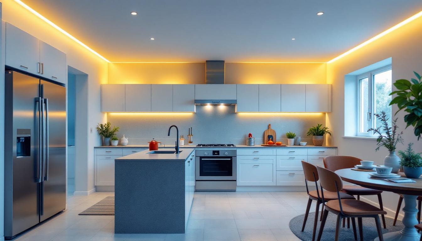 A photograph of a beautifully designed kitchen featuring well-placed recessed lighting that highlights key areas such as countertops