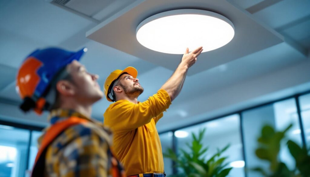 A photograph of a lighting contractor expertly installing or adjusting an overhead led light in a modern interior space