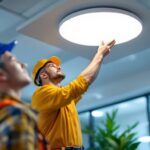 A photograph of a lighting contractor expertly installing or adjusting an overhead led light in a modern interior space