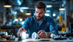 A photograph of a lighting contractor examining various types of recessed lighting bulbs in a well-lit workshop