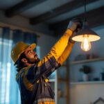 A photograph of a skilled lighting contractor expertly installing a stylish pendant light in a modern home setting