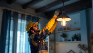 A photograph of a skilled lighting contractor expertly installing a stylish pendant light in a modern home setting