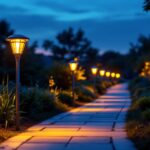 A photograph of a beautifully illuminated pathway lined with high lumen solar pathway lights at dusk