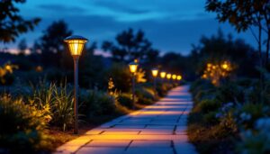 A photograph of a beautifully illuminated pathway lined with high lumen solar pathway lights at dusk