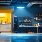 A photograph of a well-lit garage interior featuring a modern motion sensor light in action