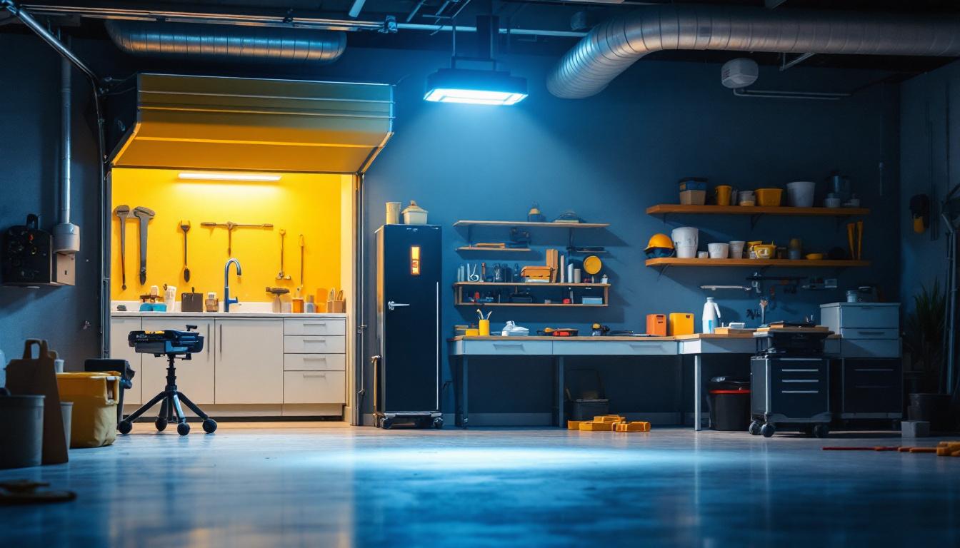 A photograph of a well-lit garage interior featuring a modern motion sensor light in action