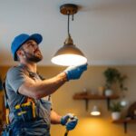 A photograph of a skilled lighting contractor expertly replacing a pendant light fixture with a recessed light