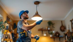 A photograph of a skilled lighting contractor expertly replacing a pendant light fixture with a recessed light