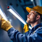 A photograph of a lighting contractor expertly installing tubular led lamps in a modern setting