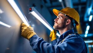 A photograph of a lighting contractor expertly installing tubular led lamps in a modern setting