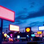 A photograph of a vibrant outdoor scene showcasing various led signs in use