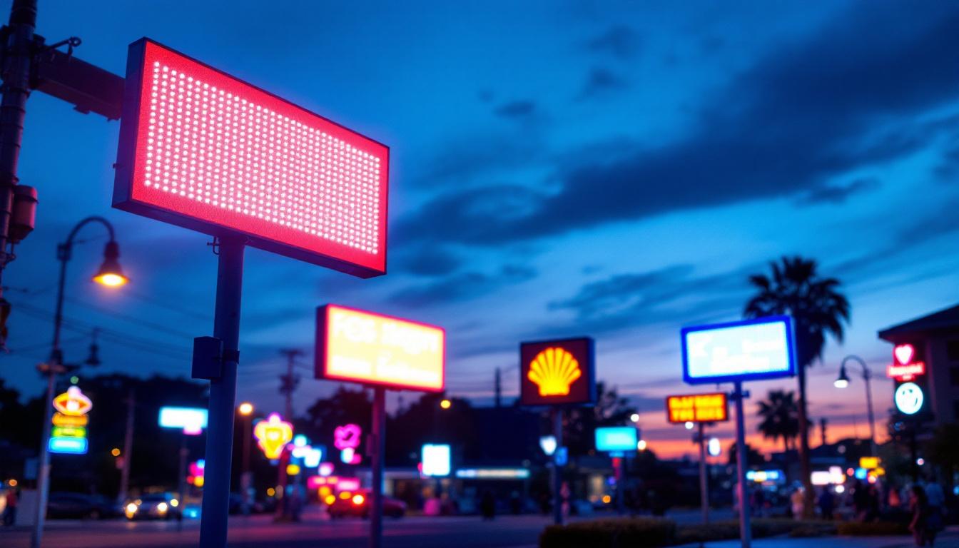 A photograph of a vibrant outdoor scene showcasing various led signs in use
