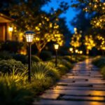 A photograph of a beautifully illuminated outdoor space featuring brightest pathway solar lights in action