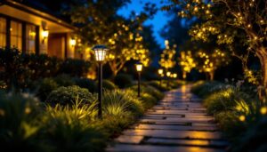 A photograph of a beautifully illuminated outdoor space featuring brightest pathway solar lights in action