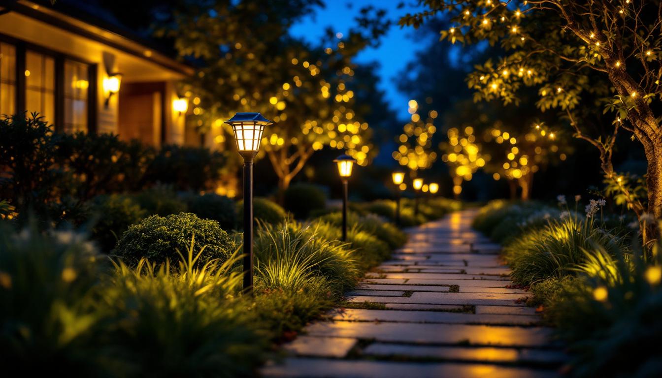 A photograph of a beautifully illuminated outdoor space featuring brightest pathway solar lights in action