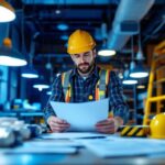 A photograph of a lighting contractor inspecting a commercial space
