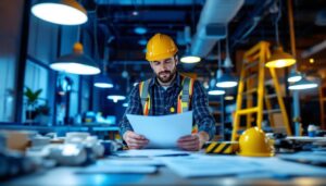 A photograph of a lighting contractor inspecting a commercial space