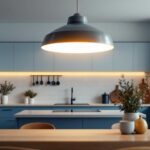 A photograph of a modern kitchen featuring a stylish flush mount light fixture