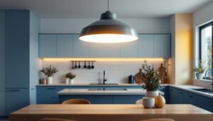 A photograph of a modern kitchen featuring a stylish flush mount light fixture