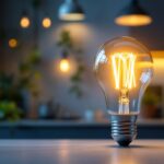 A photograph of a modern led light bulb glowing brightly in a stylish