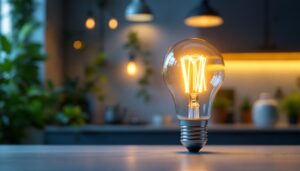 A photograph of a modern led light bulb glowing brightly in a stylish