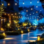 A photograph of a beautifully illuminated outdoor space at night