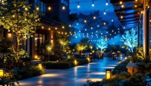 A photograph of a beautifully illuminated outdoor space at night