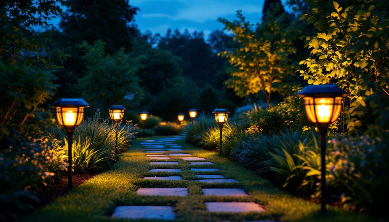 A photograph of a beautifully landscaped garden at dusk