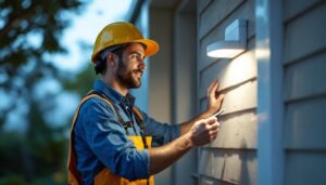 A photograph of a lighting contractor installing a motion sensor lamp in a residential setting