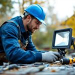 A photograph of a lighting contractor expertly installing a flood light holder in an outdoor setting