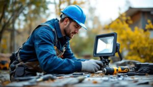 A photograph of a lighting contractor expertly installing a flood light holder in an outdoor setting