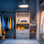 A photograph of a beautifully styled closet featuring a modern lighting fixture that highlights the organized space
