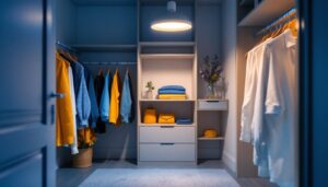 A photograph of a beautifully styled closet featuring a modern lighting fixture that highlights the organized space