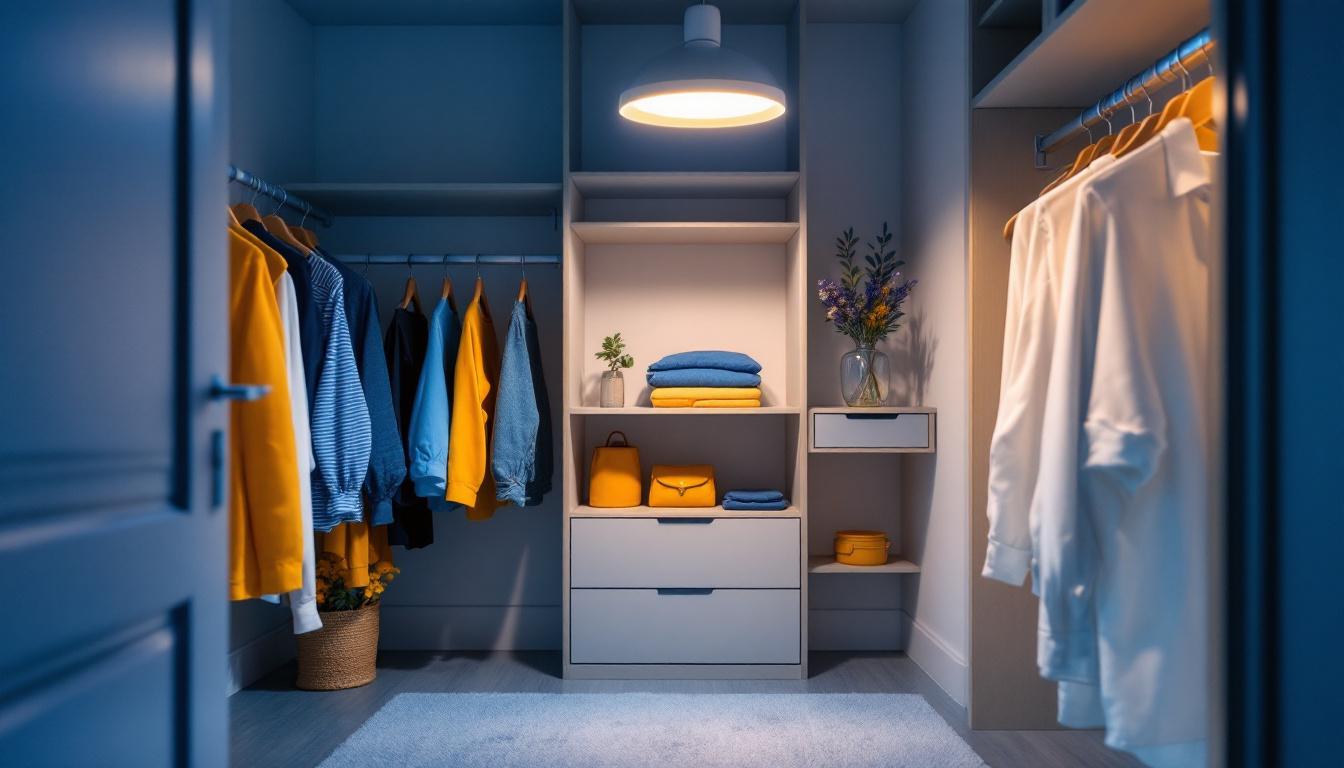 A photograph of a beautifully styled closet featuring a modern lighting fixture that highlights the organized space