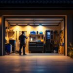 A photograph of a well-lit outdoor garage space showcasing various lighting options