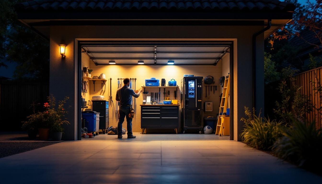 A photograph of a well-lit outdoor garage space showcasing various lighting options