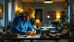 A photograph of a lighting contractor working diligently in a well-lit funeral home setting