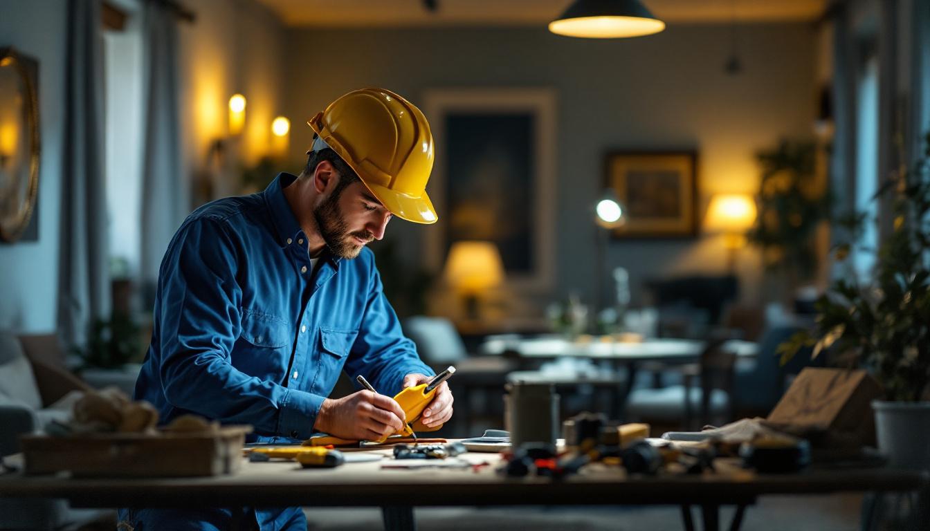 A photograph of a lighting contractor working diligently in a well-lit funeral home setting