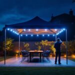 A photograph of a well-lit outdoor space showcasing a 10x10 canopy illuminated by various types of canopy lights