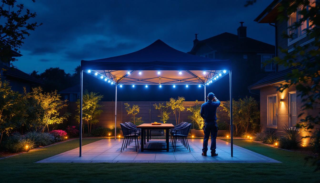 A photograph of a well-lit outdoor space showcasing a 10x10 canopy illuminated by various types of canopy lights