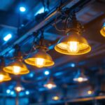 A photograph of a vibrant lighting installation featuring 1000 watt metal halide lights in action