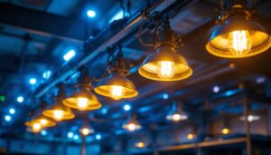 A photograph of a vibrant lighting installation featuring 1000 watt metal halide lights in action