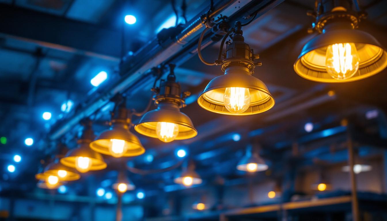 A photograph of a vibrant lighting installation featuring 1000 watt metal halide lights in action